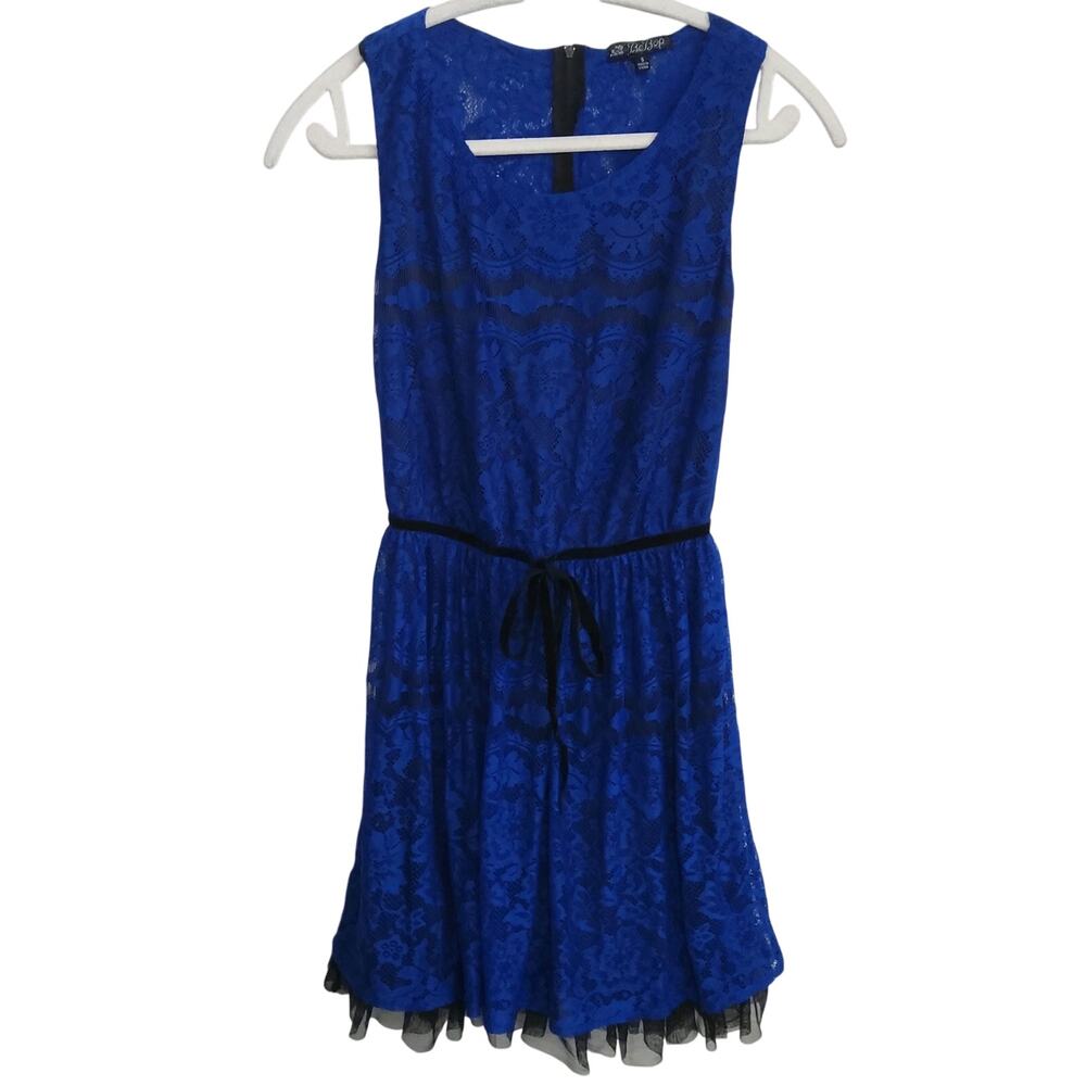 Y2K BeBop cobalt blue blk lace dress Whimsigoth tulle velvet tie sleeveless